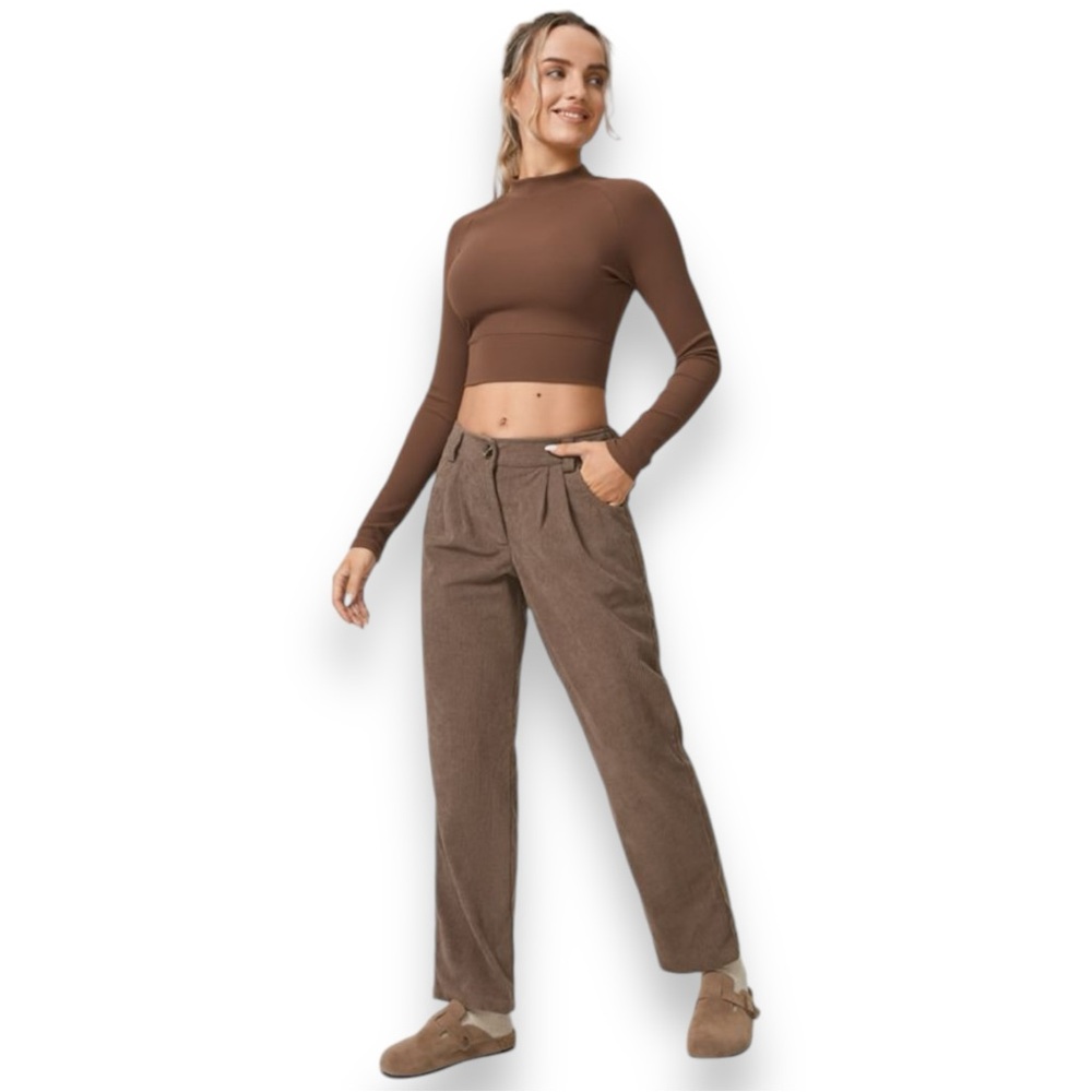 Halara Brown Mid Rise Button Zipper Side Pocket Corduroy Casual Pants Size Large